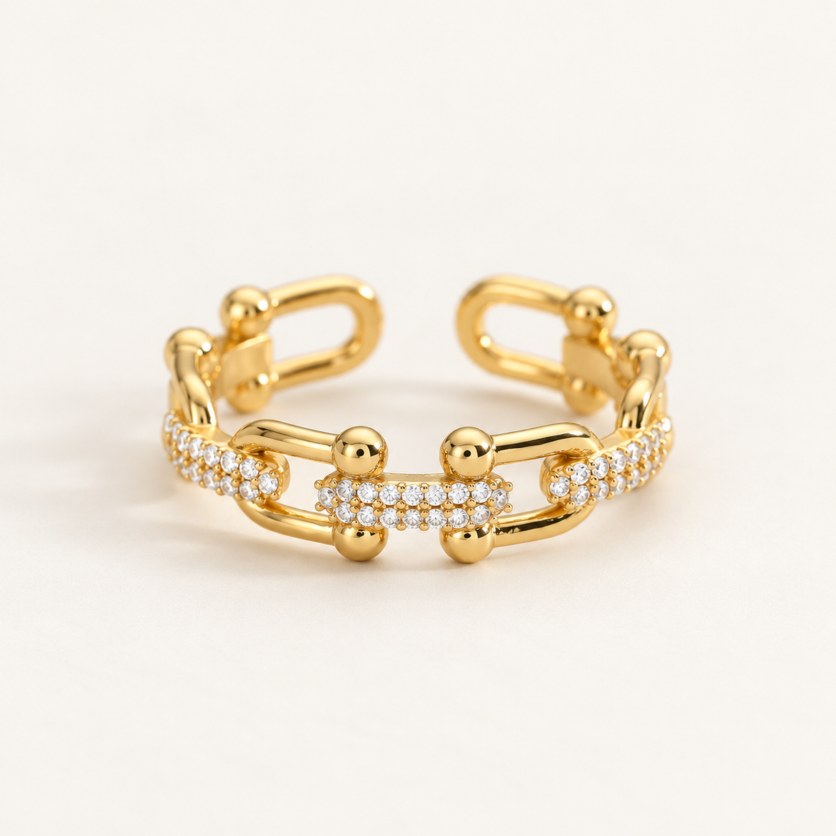 Bague DIARRA en acier inoxydable doré, maillons et strass