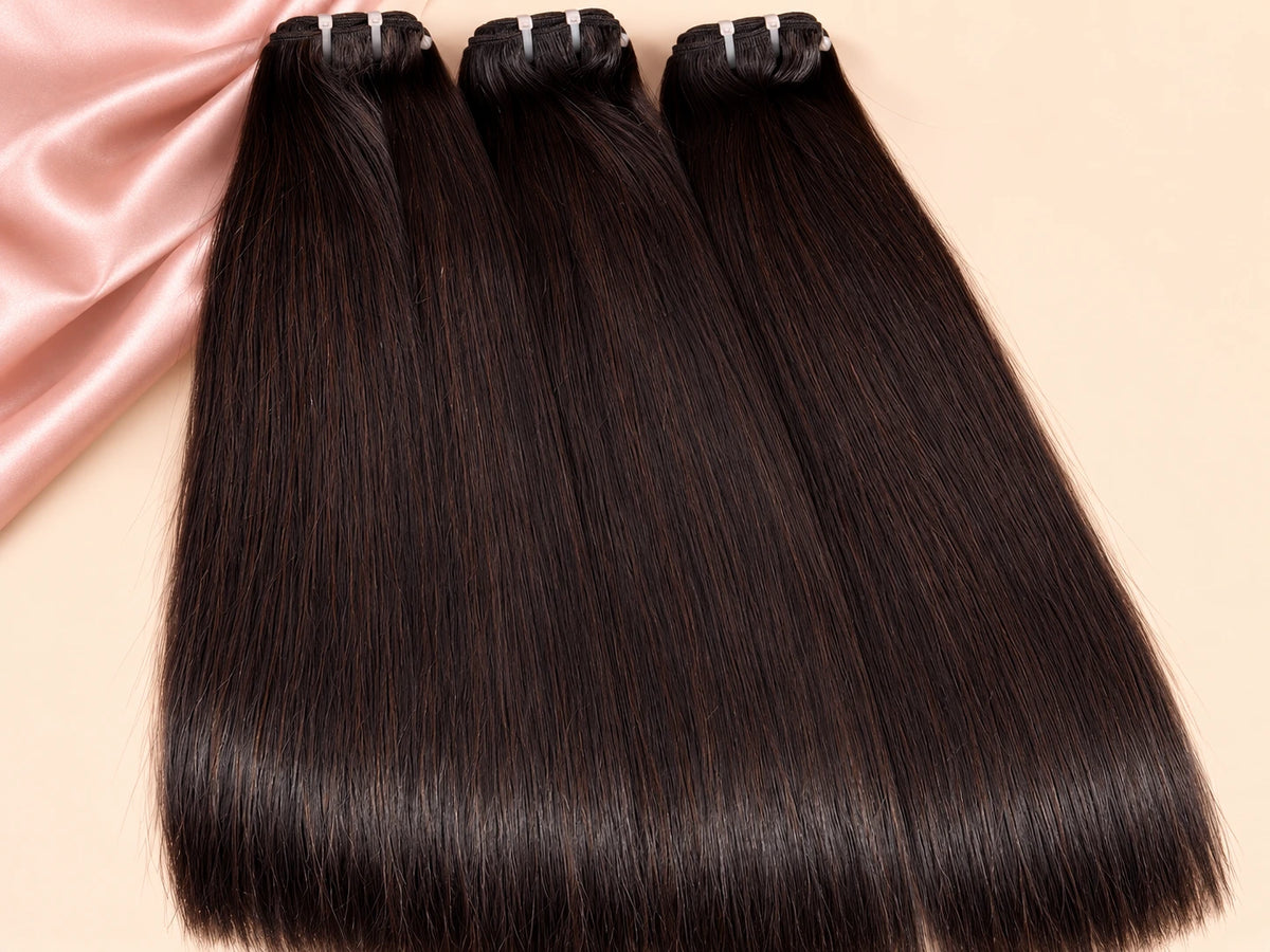 Trois bundles de cheveux noirs avec leurs bandes de tissage