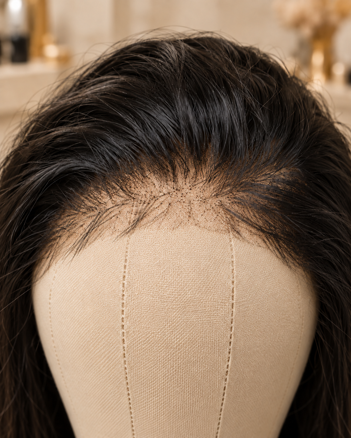 Front d’une perruque noire avec la lace visible sur un support en toile beige. — Front 2