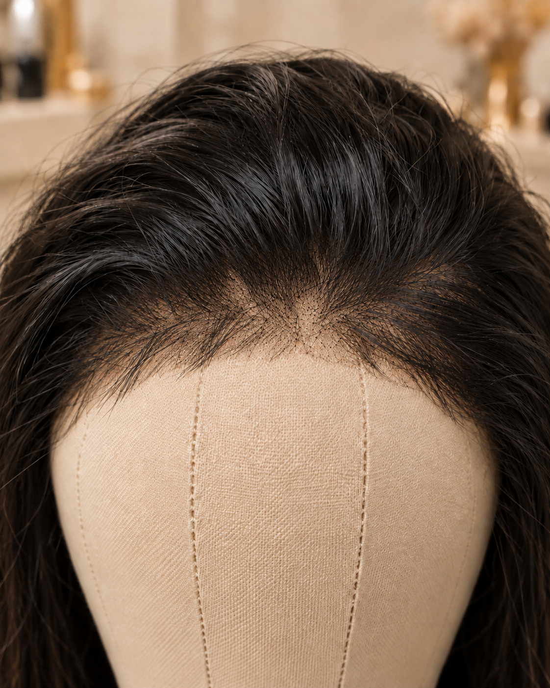 Front d’une perruque noire avec la lace visible sur un support en toile beige. — Front 1