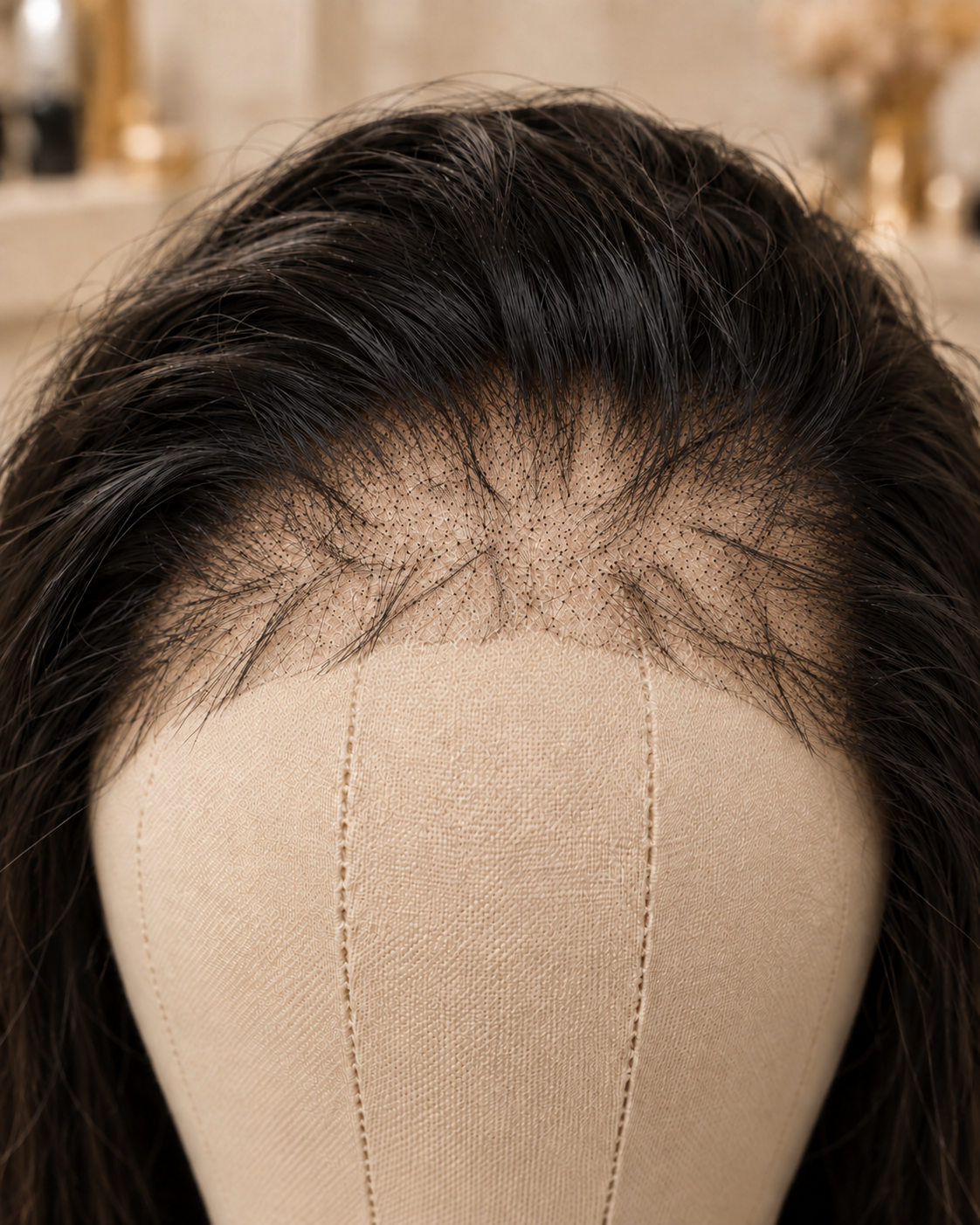 Front d’une perruque noire avec la lace visible sur un support en toile beige. — Front 3