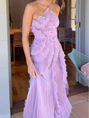 Robe LILAC lilas à volants plissés, vue portée de trois quarts