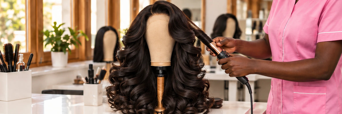 Une coiffeuse SLAYZONE réalise des boucles sur une perruque dans notre atelier.