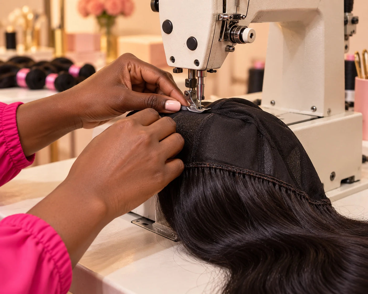 Des mains guident le bonnet souple d’une perruque sous le pied d’une machine professionnelle, les cheveux retombant sur le côté