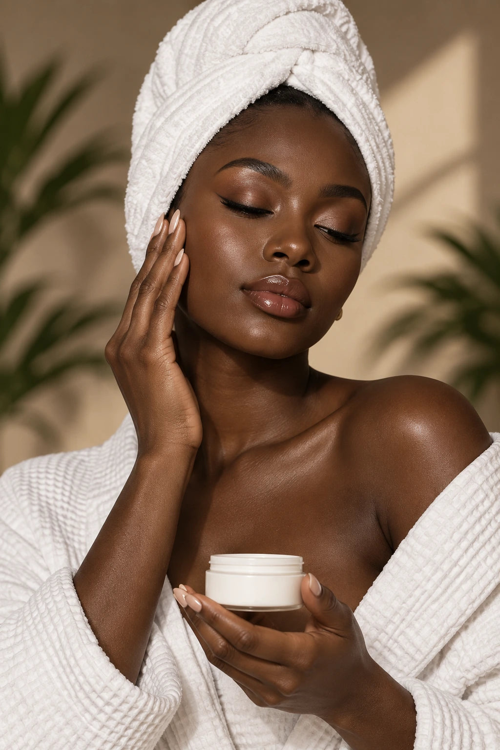 Rituel beauté, peignoir blanc et soin pour la peau