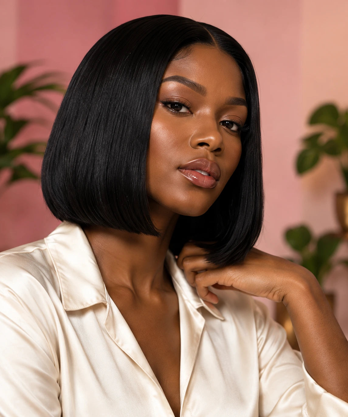 Carré noir lisse et blouse satinée crème