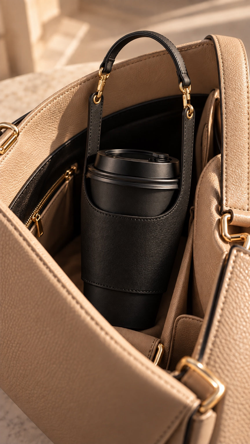 Porte-gobelet noir présenté dans un sac beige