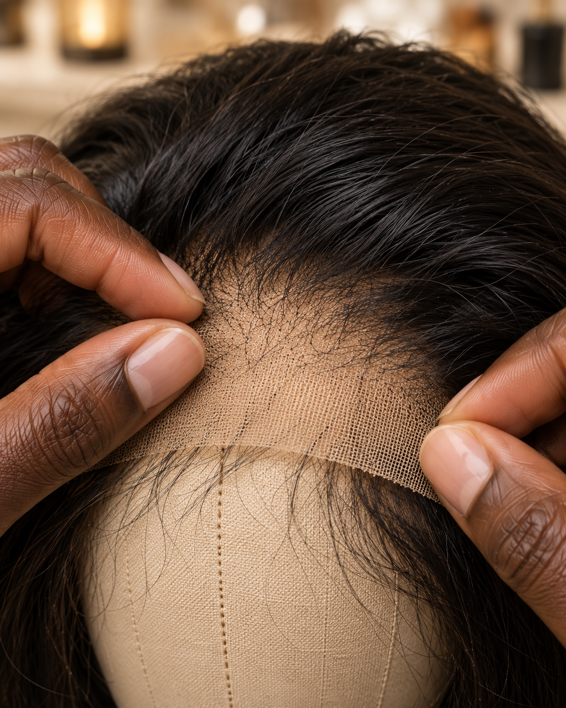 Des mains examinent la lace d’une perruque avant sa réparation. — Reparation trou