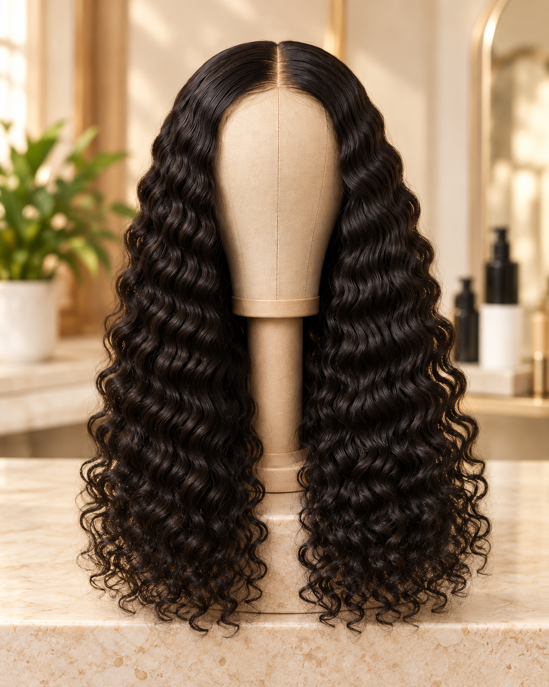 Texture frisée deep wave : perruque noire aux frisures définies sur un support en toile.
