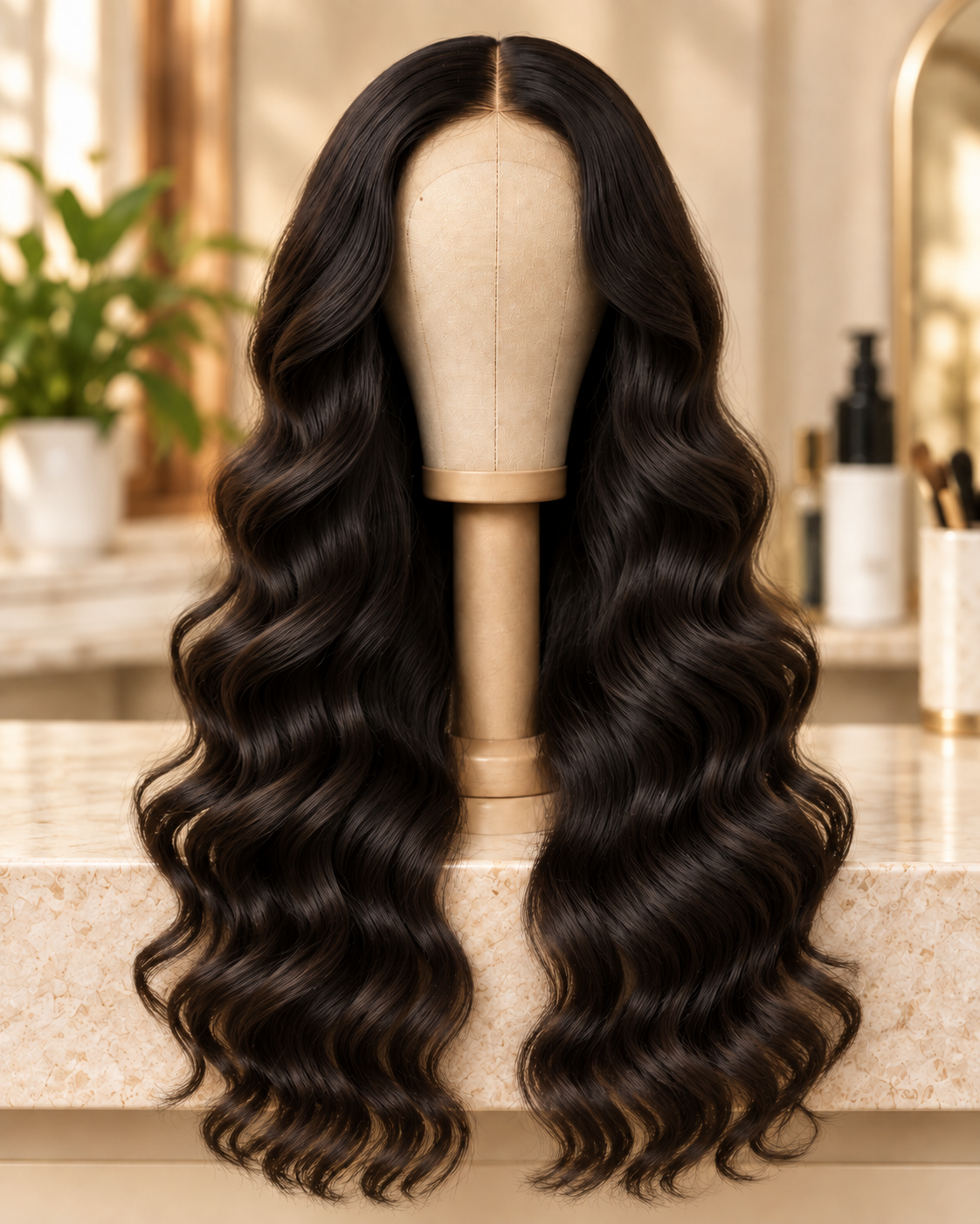 Texture loose wave : perruque noire aux vagues amples sur un support en toile.