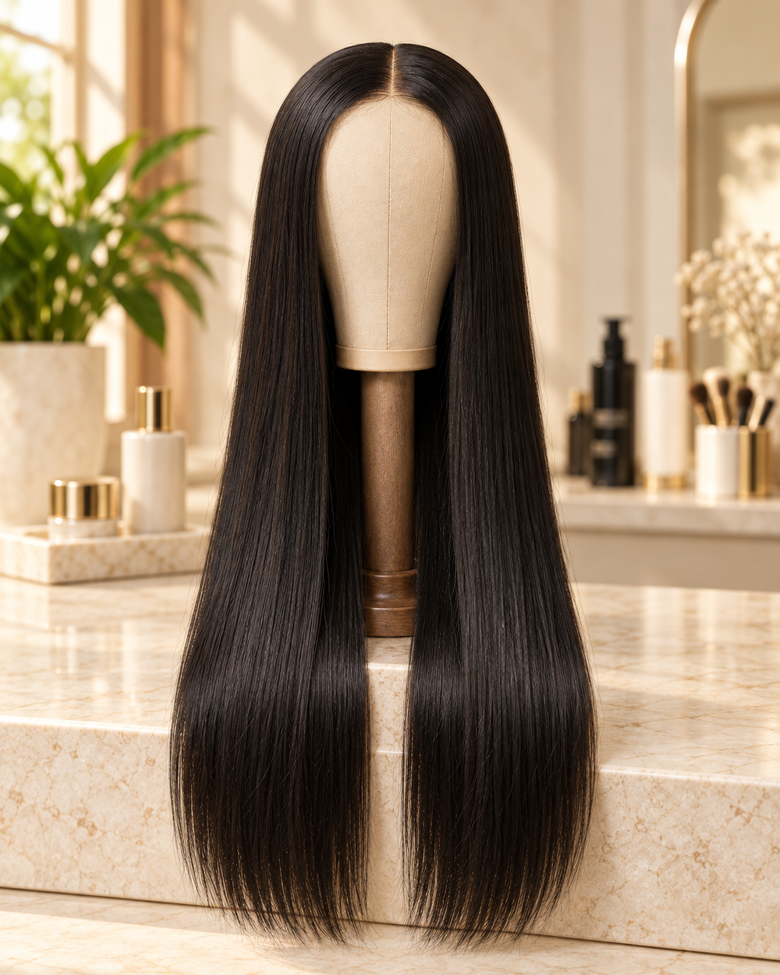 Texture raide : perruque noire lisse sur un support en toile dans un atelier beige.